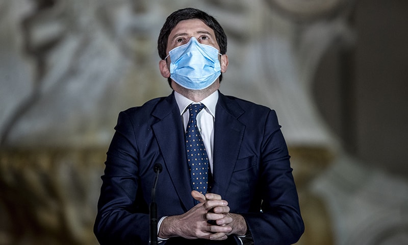 Italian Health Minister Roberto Speranza meets the media to illustrate the government's new measures to curb the spread of Covid-19 in Rome. &mdash; AP