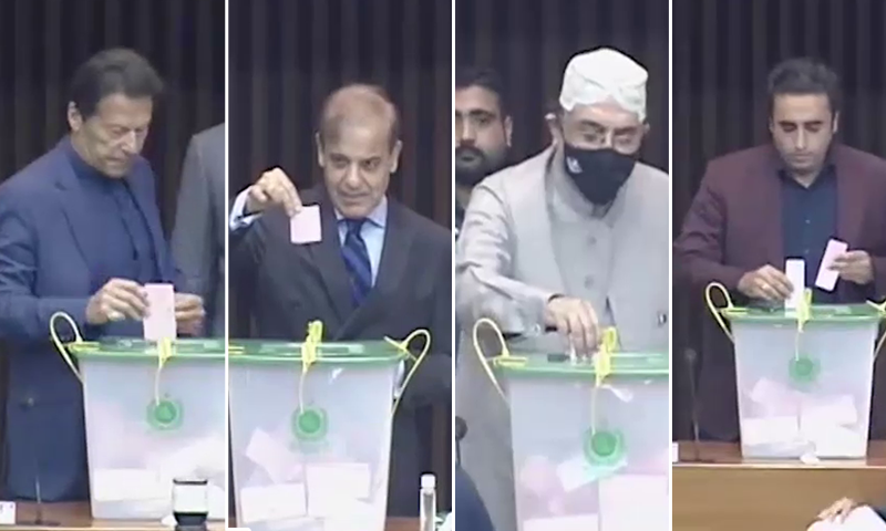 Prime Minister Imran Khan, Opposition Leader in the National Assembly Shehbaz Sharif, PPP Chairman Bilawal Bhutto-Zardari and former president Asif Ali Zardari case their vote during the Senate elections on March 3. — DawnNewsTV