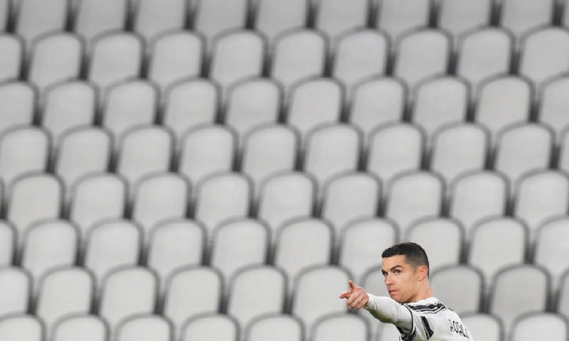 TURIN: Juventus’ Cristiano Ronaldo celebrates after scoring during the Serie A match against Spezia at the Juventus Stadium.—AFP