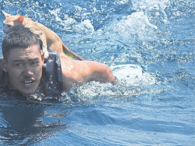 A THAI navy officer swims with a rescued cat on his back in the Andaman Sea in this picture obtained from social media.—Reuters