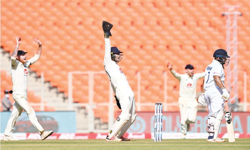 ENGLAND players make an unsuccessful appeal against Indian batsman Rishabh Pant during the fourth Test at the Narendra Modi Stadium on Friday.—AFP