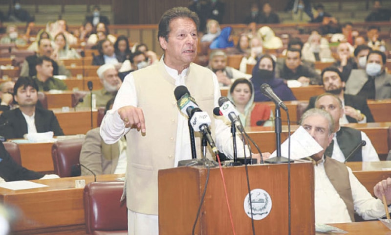 ISLAMABAD: Prime Minister Imran Khan addresses the National Assembly after obtaining a vote of confidence on Saturday.&mdash;White Star