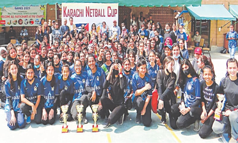 KARACHI: Victorious IoBM University and City School PAF netball teams pose with chief guest Seema Irfan, Mudassar Arain, Gohar Raza and others. KARACHI: Victorious IoBM University and City School PAF netball teams pose with chief guest Seema Irfan, Mudassar Arain, Gohar Raza and others.