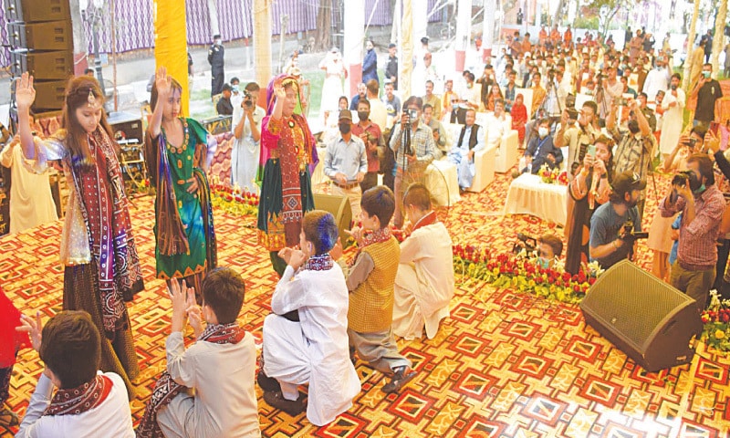 CHILDREN present a tableau in a session on the opening day of the festival at Sindh Museum in Hyderabad on Saturday.&mdash;Dawn