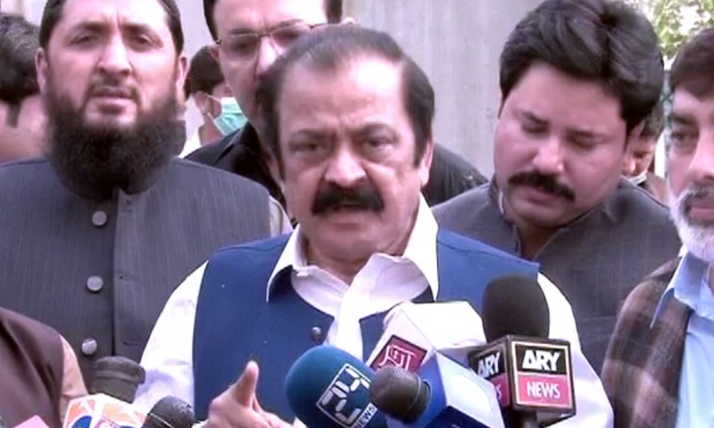 PML-N leader Rana Sanaullah speaks to the media in Lahore. — DawnNewsTV