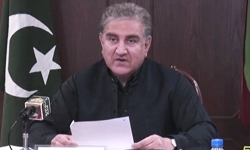 Foreign Minister Shah Mahmood Qureshi addressing the Pakistan-Hungary Dialogue in Islamabad on Thursday. — DawnNewsTV