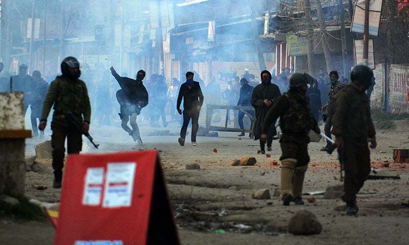 In this file photo, Kashmiri protestors clash with Indian government forces following the death of school teacher Rizwan Asad in police custody in Awantipora of Pulwama district, south of Srinagar on March 19, 2019. — Anadolu Agency/File