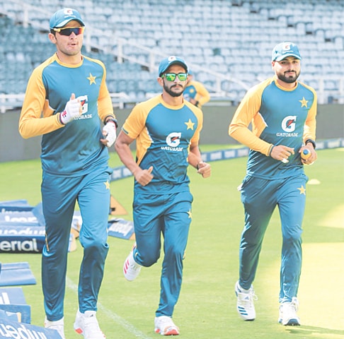 JOHANNESBURG: (L to R) Pakistan fast bowlers Shaheen Shah Afridi, Hasan Ali and Faheem Ashraf jog during a training session at the Wanderers on Friday.&mdash;Courtesy PCB