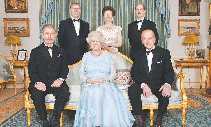 A FILE photo taken on Nov 18, 2007, shows Queen Elizabeth and Prince Philip (right foreground) during a dinner hosted by Prince Charles (left foreground) to mark the 60th wedding anniversary of the Queen and the Duke of Edinburgh. Those standing are Prince Andrew (left), Princes Anne (centre) and Prince Edward.—AFP A FILE photo taken on Nov 18, 2007, shows Queen Elizabeth and Prince Philip (right foreground) during a dinner hosted by Prince Charles (left foreground) to mark the 60th wedding anniversary of the Queen and the Duke of Edinburgh. Those standing are Prince Andrew (left), Princes Anne (centre) and Prince Edward.—AFP