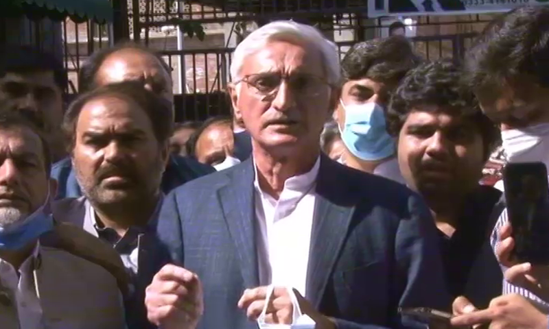 Jahangir Tareen speaks to the media in Lahore on Saturday. — DawnNewsTV