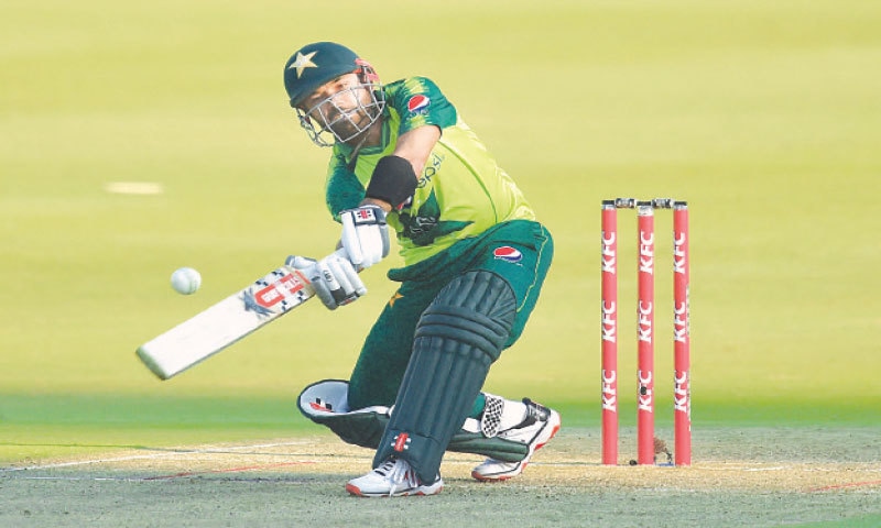 JOHANNESBURG: Pakistan’s Mohammad Rizwan plays a shot during the first Twenty20 International against 
South Africa at the Wanderers on Saturday.—AFP