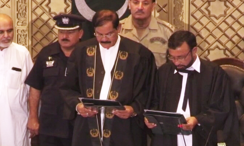 In this file photo, PTI's Mushtaq Ghani takes oath as new speaker of KP Assembly. &mdash; DawnNewsTV/File
