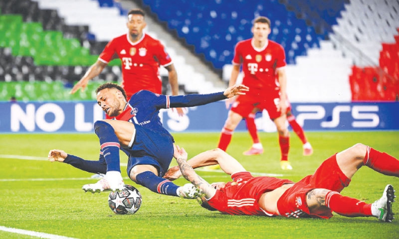 PARIS: Bayern Munich&rsquo;s Lucas Hernandez (R) fights for the ball with Neymar of Paris St Germain during their UEFA Champions League quarter-final second leg at the Parc des Princes.&mdash;AFP