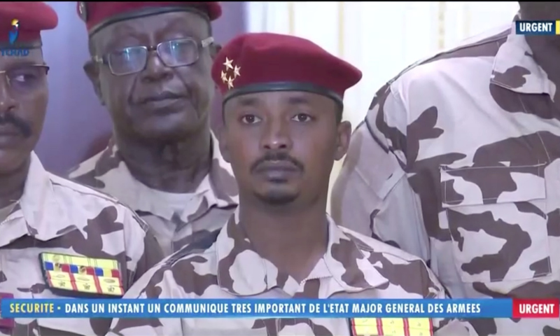 Mahamat Idriss Deby, also known as Mahamat Kaka, named interim president by a transitional council of military officers, is seen during a news conference in Ndjamena, Chad on Tuesday. — Reuters