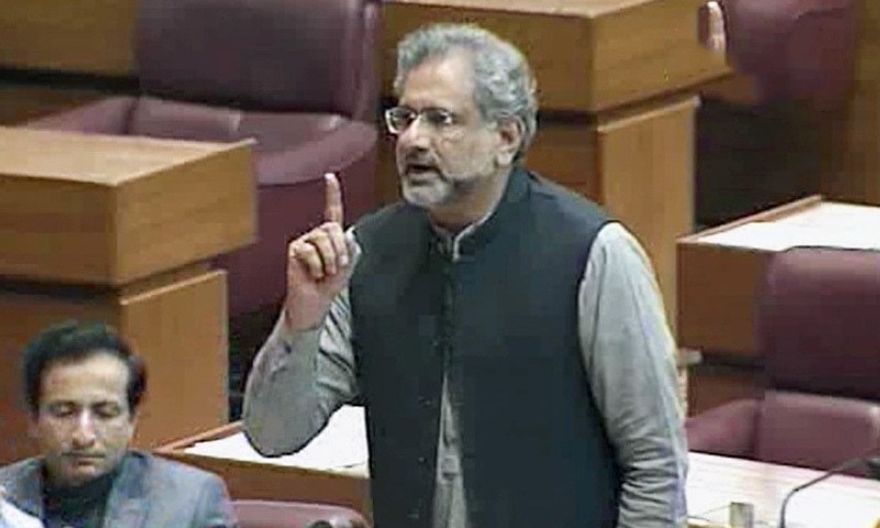 PML-N's Shahid Khaqan Abbasi speaks during the NA session on Tuesday. — DawnNewsTV