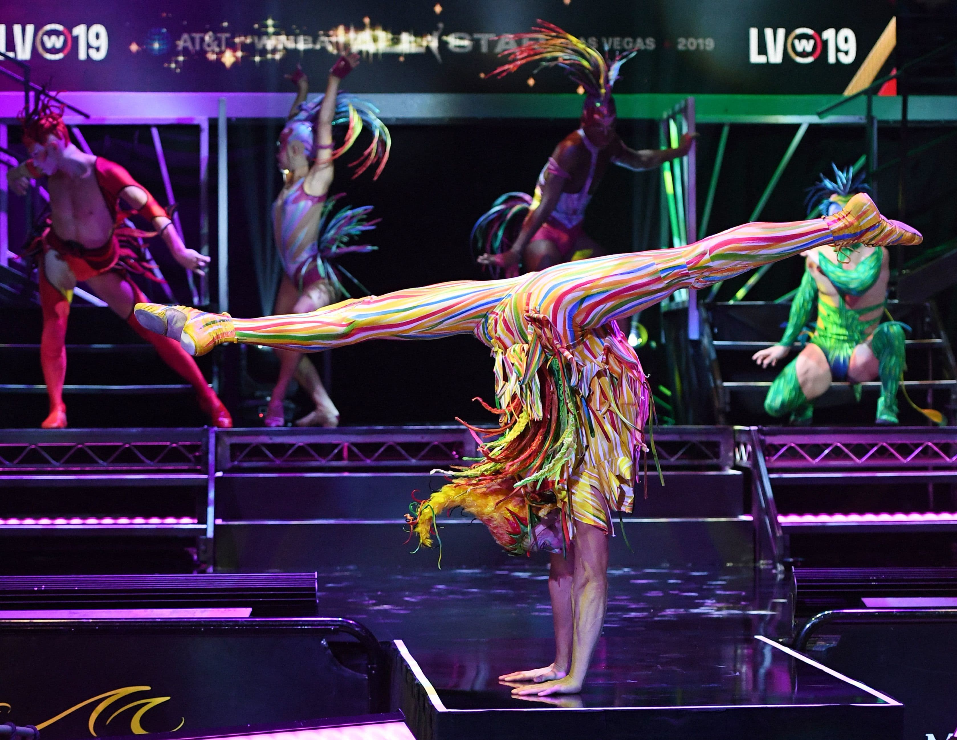 In this file photo taken on July 26, 2019 cast members from “Mystere by Cirque du Soleil” perform during player introductions during the WNBA All-Star Game 2019 at the Mandalay Bay Events Center in Las Vegas. — AFP