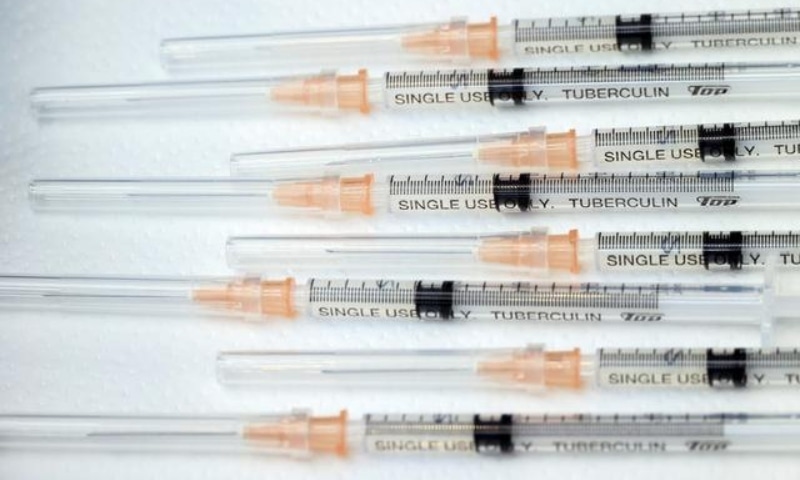 Syringes with doses of the Covid-19 vaccine are displayed at the Tokyo Metropolitan Cancer and Infectious Diseases Centre Komagome Hospital in Tokyo, Japan, March 5. &mdash; Reuters