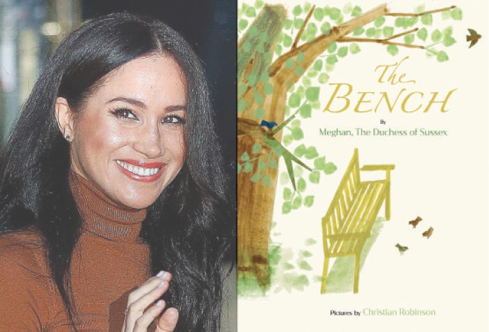 A COMBO shows Meghan Markle leaving Canada House, London, on Jan 7 last year (left) and cover art for her coming children’s book The Bench. The book will be published on June 8.—AP