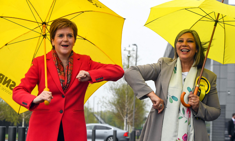 Scotland's First Minister and leader of the Scottish National Party (SNP), Nicola Sturgeon (L) congratulates SNP candidate Kaukab Stewart after she was elected MSP for Glasgow Kelvin in the Scottish Parliamentary Election, in Glasgow on Saturday. — AFP Scotland's First Minister and leader of the Scottish National Party (SNP), Nicola Sturgeon (L) congratulates SNP candidate Kaukab Stewart after she was elected MSP for Glasgow Kelvin in the Scottish Parliamentary Election, in Glasgow on Saturday. — AFP