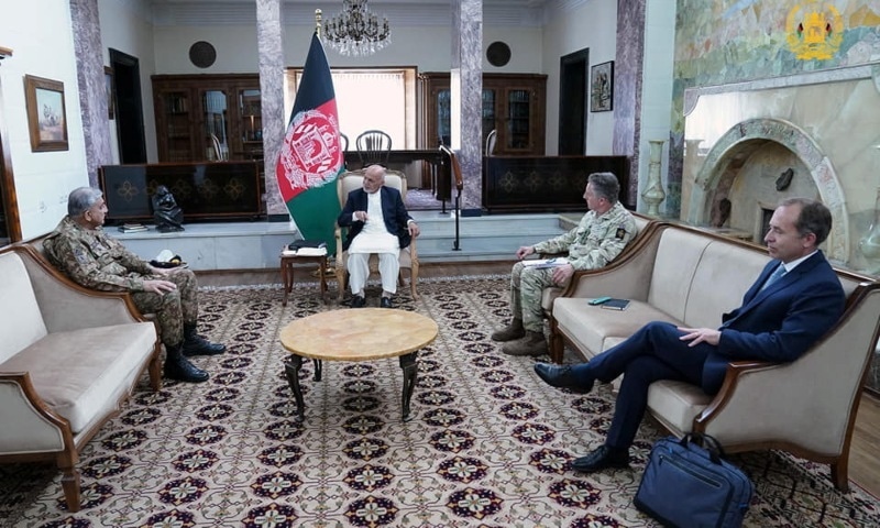 Afghanistan's President Ashraf Ghani meets with Army Chief Gen Qamar Javed Bajwa, in Kabul, Afghanistan May 10, 2021. — Presidential Palace/Handout via Reuters