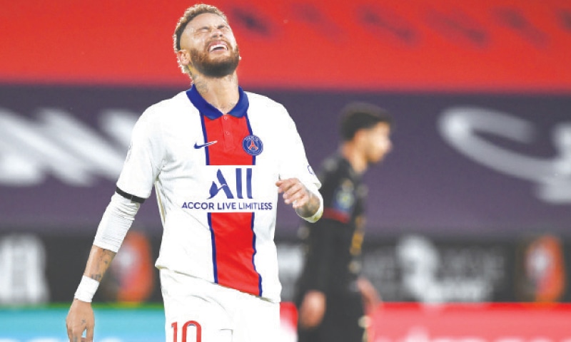 RENNES: Paris St Germain’s Neymar reacts during the Ligue 1 match against Stade Rennais at the Roazhon Park.—AFP