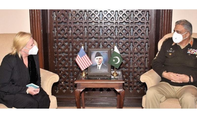 In this file photo, US Charge d’Affaires to Pakistan Angela Aggeler meets Chief of the Army Staff Gen Qamar Javed Bajwa. — Photo courtesy ISPR/File