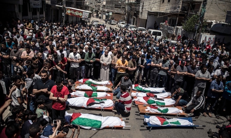 In this May 15, 2021, photo, Palestinians attend the funeral of two women and eight children of the Abu Hatab family in Gaza City who were killed after an Israeli air strike. — AP/File