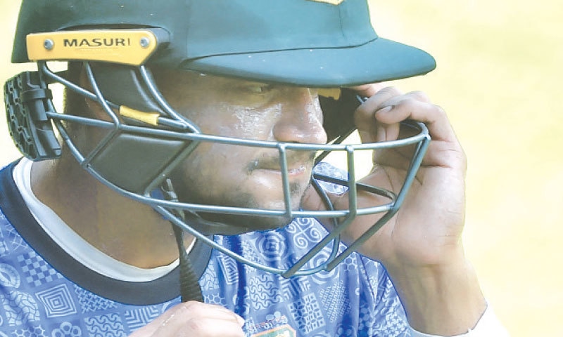 DHAKA: Bangladesh all-rounder Shakib Al Hasan adjusts his helmet during a practice session at the Sher-e-Bangla National Cricket Stadium on Friday.
—AFP DHAKA: Bangladesh all-rounder Shakib Al Hasan adjusts his helmet during a practice session at the Sher-e-Bangla National Cricket Stadium on Friday.
—AFP