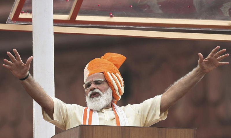 Indian Prime Minister Narendra Modi addresses the nation during Independence Day celebrations at the historic Red Fort in Delhi, India on Aug 15. &mdash; Reuters