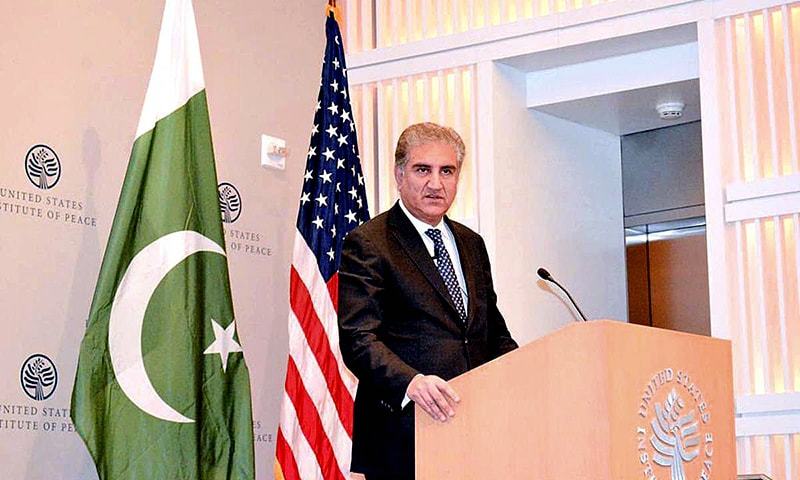 In this file photo, Foreign Minister Shah Mahmood Qureshi addresses an audience at the US Institute of Peace in Washington. — APP