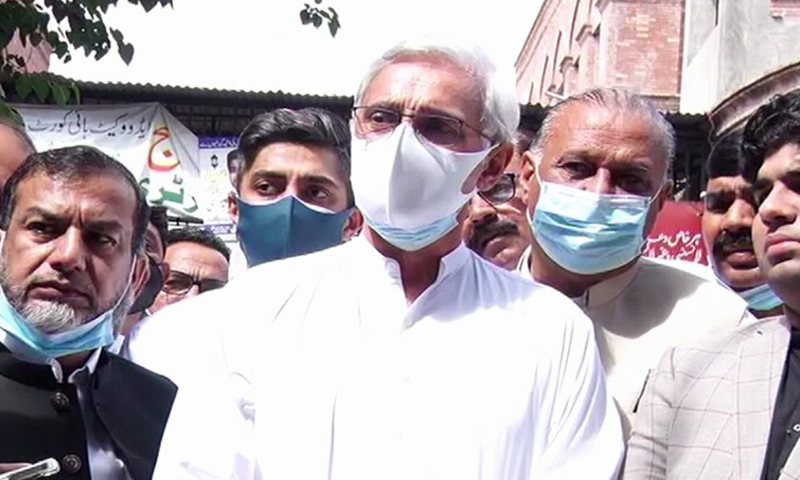 In this file photo, Jahangir Tareen speaks to the media outside the Lahore High Court. — DawnNewsTV