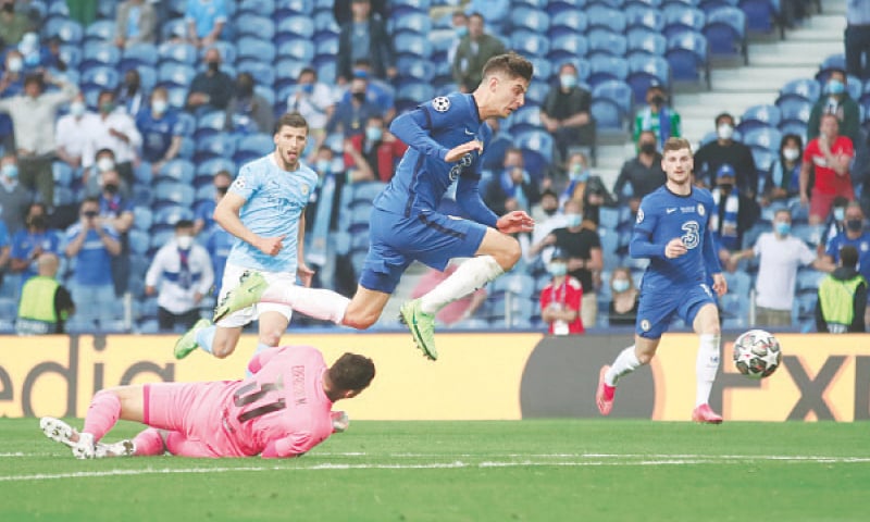 PORTO: Chelsea&rsquo;s Kai Havertz goes past Manchester City goalkeeper Ederson before scoring the winner during the Champions League final at the Estadio do Dragao.&mdash;Reuters