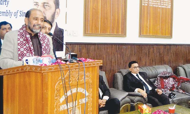 In this file photo, SUP president Syed Jalal Mehmood Shah speaks to lawyers in the High Court Bar Association office in Hyderabad. &mdash;Dawn