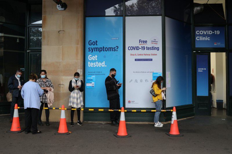 People wait in line at a coronavirus testing clinic in the city centre after new cases were reported in Sydney, Australia, May 6. — Reuters