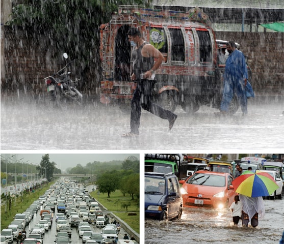 (Clockwise) A man runs for cover on Haider Road in Rawalpindi during rain, a woman and her child wade through rainwater on Murree Road while traffic moves at a snail’s pace on Islamabad Expressway on Wednesday. — Photos by Mohammad Asim