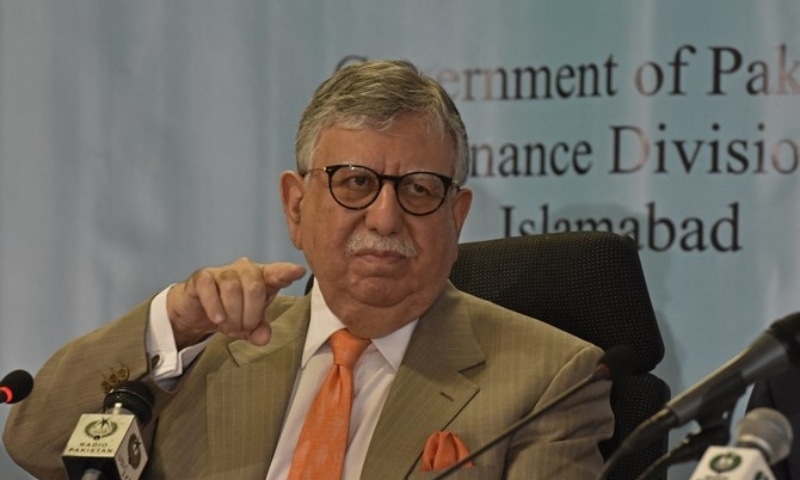 Finance Minister Shaukat Tarin gestures during a pre-budget press conference in Islamabad on June 10. — AFP