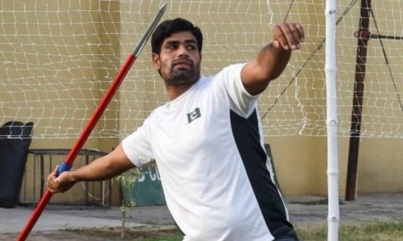 Arshad Nadeem practices the javelin throw during a training session in Lahore, June 2. — AFP