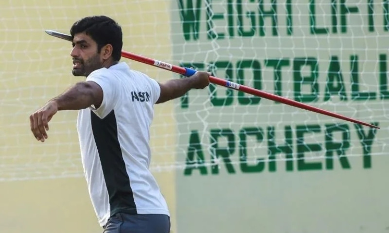 Arshad Nadeem practices the javelin throw during a training session in Lahore, June 2. — AFP