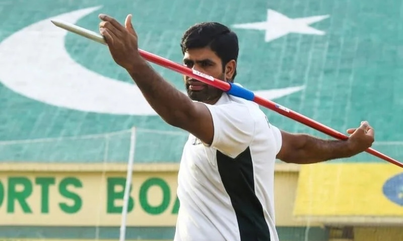 Arshad Nadeem practices the javelin throw during a training session in Lahore, June 2. — AFP