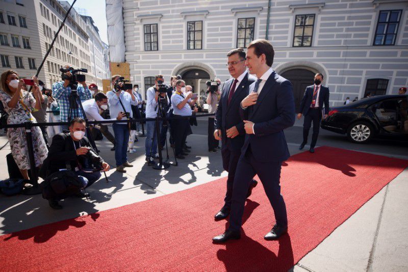 Austria's Chancellor Sebastian Kurz welcomes Chairman of the Council of Ministers of Bosnia and Herzegovina Zoran Tegeltija to the Western Balkans conference, outside the Chancellery in Vienna, Austria, June 18. — Reuters