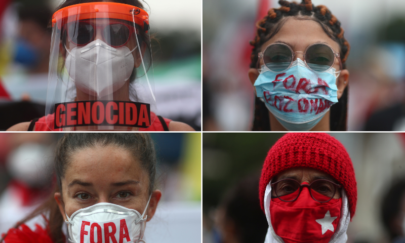 Image combo shows demonstrators wearing protective masks during a protest against Brazil's President Jair Bolsonaro's handling of the coronavirus pandemic and to impeach him, in Rio de Janeiro, Brazil on Saturday. — Reuters