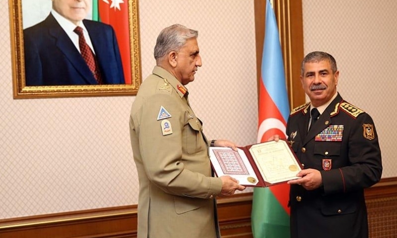 This photo shows Chief of the Army Staff General Qamar Javed Bajwa and Minister for Defence Col Gen Hasanov Zakir Asgar Oglu. — Photo courtesy ISPR