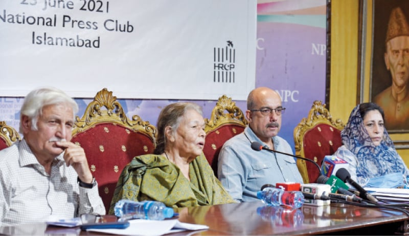 HRCP member Nasreen Azhar speaks at the report launch at the National Press Club on Wednesday. Farhatullah Babar, Dr Nazir Mahmood and Sadia Bukhari are also present. — Photo by Tanveer Shahzad HRCP member Nasreen Azhar speaks at the report launch at the National Press Club on Wednesday. Farhatullah Babar, Dr Nazir Mahmood and Sadia Bukhari are also present. — Photo by Tanveer Shahzad