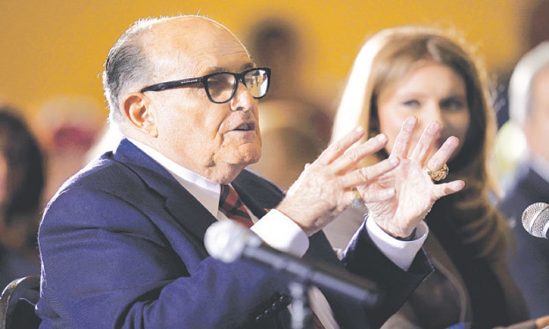 A Nov 25, 2020, file photo shows former New York mayor Rudy Giuliani, a lawyer for 
former president Donald Trump, speaking at a meeting of a committee of Pennsylvania state&rsquo;s upper house.&mdash;AP