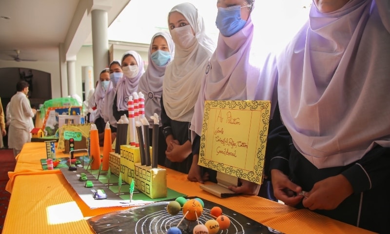 Students showcase their models in the science exhibition in Swat. &mdash; Photo by Fazal Khaliq