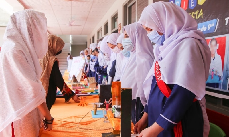 Students showcase their models in the science exhibition in Swat. &mdash; Photo by Fazal Khaliq