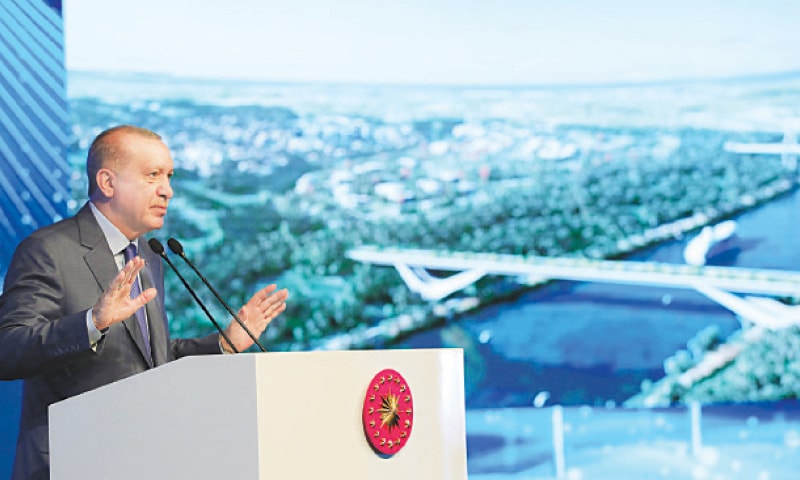 Turkish President Tayyip Erdogan speaks during the groundbreaking ceremony of Sazlidere Bridge over the planned route of Kanal Istanbul on Saturday. — Reuters