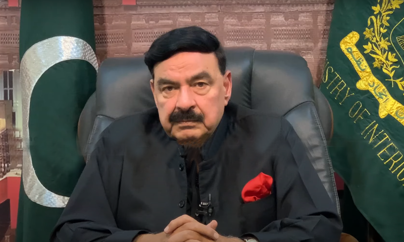 Minister for Interior Sheikh Rashid Ahmed in an interview with Geo News show Naya Pakistan. — DawnNewsTV screenshot