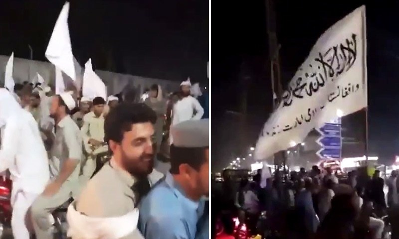 Videos shared on social media showed a band of people on motorcycles displaying white flags of Afghan Taliban and chanting slogans in favour of the militant outfit. — Photo: Twitter