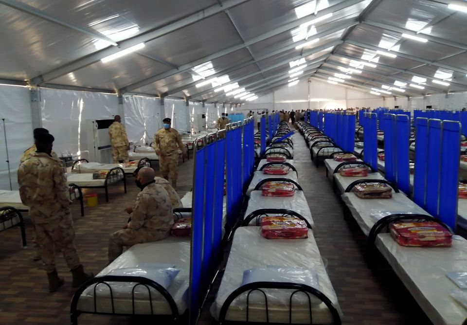 Qatari soldiers gather inside a field hospital donated by Qatar for coronavirus patients, outside El Yasminet hospital in Ben Arous, Tunsia, July 13. — Reuters
